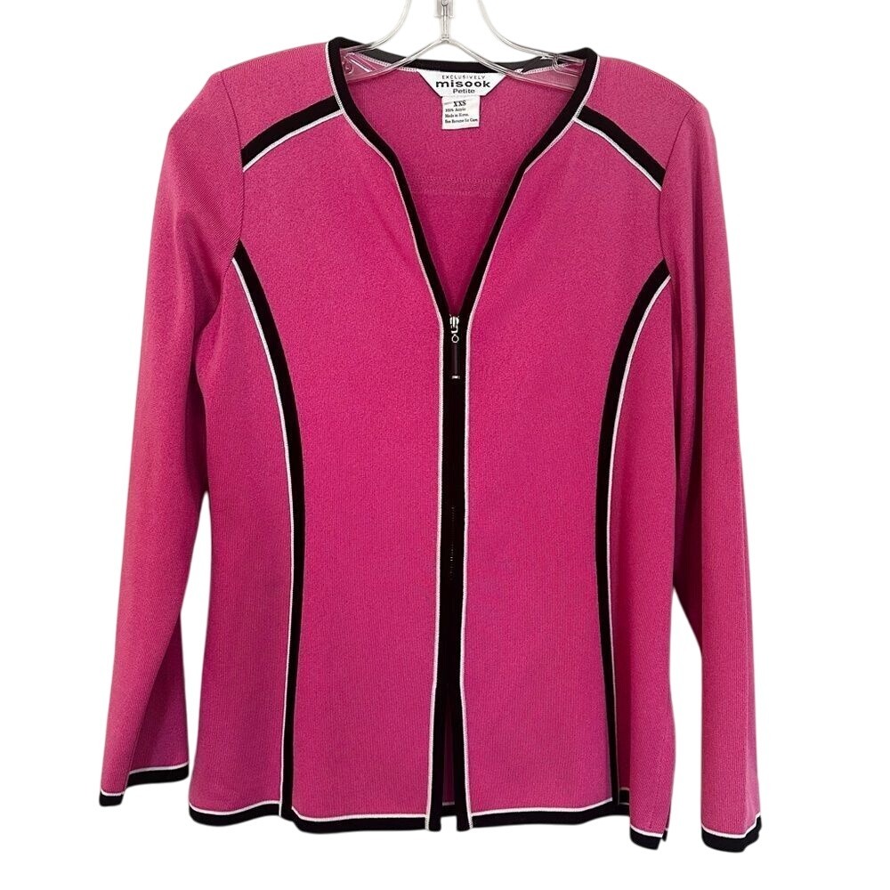 Misook Front Zip Cardigan Sweater Blazer Women's XXS Pink Black Career‎ Luxury